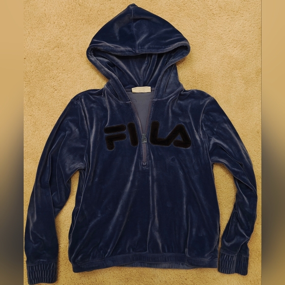 Fila Blue Velour Half Zip Hoodie w Black Logo. - Picture 8 of 14
